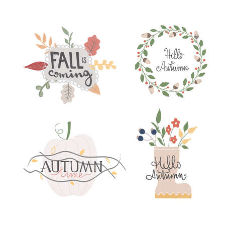 Set of posters with lettering Welcome Autumn, Fall is coming, falling leaves, acorns, flowers, floral elements. Harvest time, party. Vector hand drawn illustrationのイラスト素材