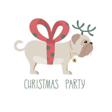 Cute vector illustration with small dog like gift. Lettering Christmas party. Can use for postcard, message, mail invite to corporateのイラスト素材