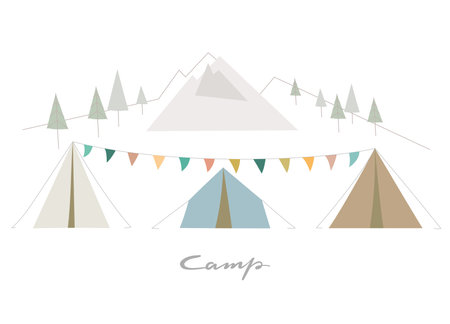Tent camp banner. Vector simple illustration with mountain, forest background.のイラスト素材