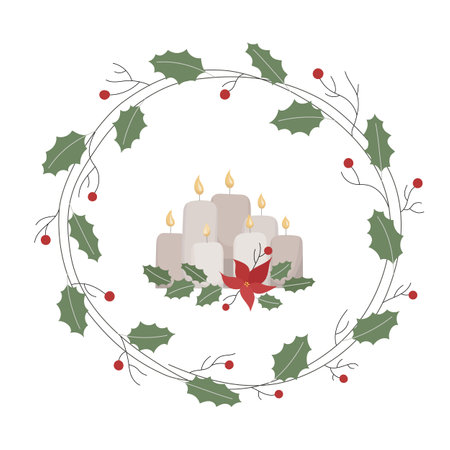Winter wreath with red berries and holly leaves. Vector illustration design for Christmas invitation card, poster, banner, greeting card, postcard, packaging, print.のイラスト素材