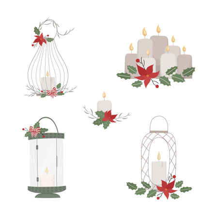 Set of Christmas candles, metall lanterns with decorations vector illustration. Can use for banner, web, mail, card.のイラスト素材