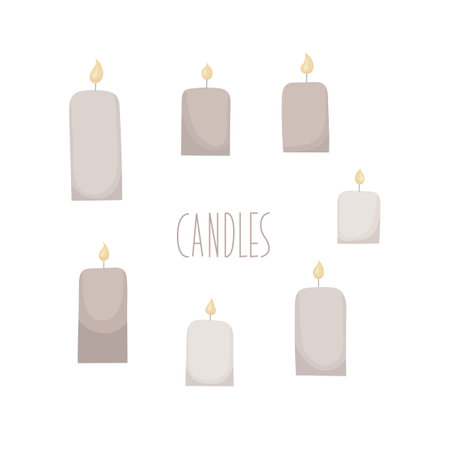 Burning candles set. Simple vector candlesticks for aroma spa, hygge, religion, christmas.のイラスト素材