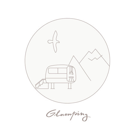 Vector linear glamping icon, label. Modern outdoor camp, trekking, nature reserve. Mountain landscape with house, tent, tipi, eagle, snow hills and letteringのイラスト素材