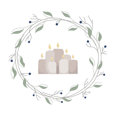 Candles in round foliage garland with berry vector illustration.のイラスト素材