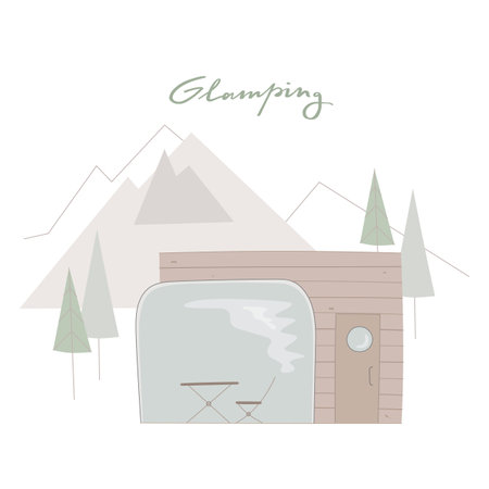 Glamping house with panoramic window around wild nature, mountains, pine forest. Can use for card, web, social media.のイラスト素材