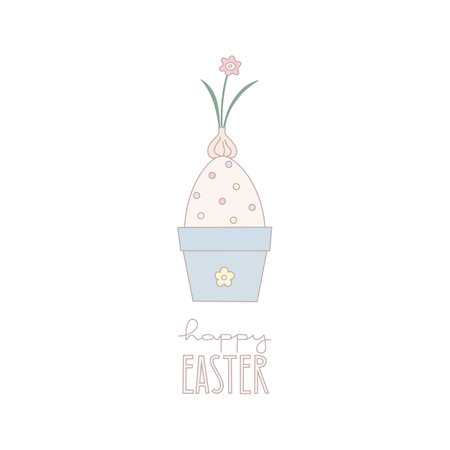 Easter card with egg in pot, flower, lettering. Cute vector illustration.のイラスト素材