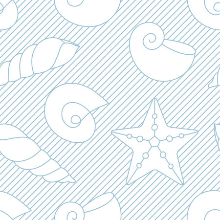 Sea shell vector seamless pattern. Textured seashells, stars background. Line doodle shapes on light blue, underwater vintage fabric, wrap.のイラスト素材