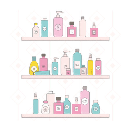 Bright cartoon cosmetic bottles, jars on shelves. Cute face cream tubes, cleanser, soap for bath, oil scrub, lotion facial gel vector illustrations.のイラスト素材
