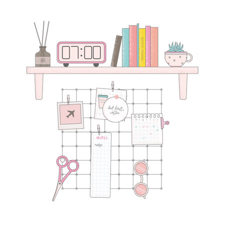 Grid wall mood board inspiration. Shelf with books, timer, plant, aroma diffuser. Flat vector illustration.のイラスト素材