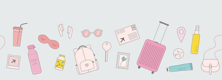 Seamless vector border with girly travel elements. Bright luggage, sleep mask, water.のイラスト素材