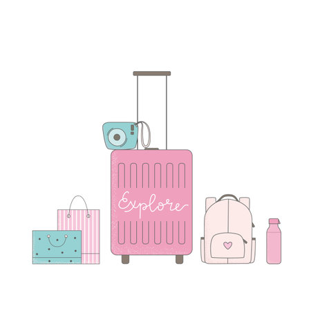 Scene of cute girly travel stuff. Pink luggage with camera, bags vector illustration.のイラスト素材