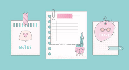 Cartoon flat vector illustration with colorful paper notes, tapes, clips. Can use for scrapbooking, planner. Organization of goal setting.のイラスト素材