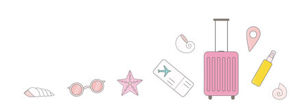 Travel, vacation banner with seashells, star, baggage. Cute vector illustrations for web, poster.のイラスト素材
