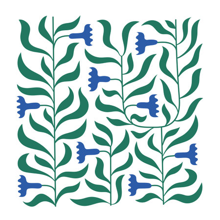 Square shape abstract foliage ornament with blue flowers. Vector banner with climbing plant.のイラスト素材