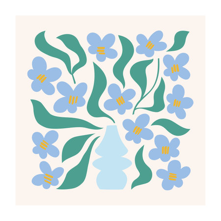 Modern interior decoration, poster, wall art, card with small blue abstract flowers. Trendy botanical flat vector illustration.のイラスト素材