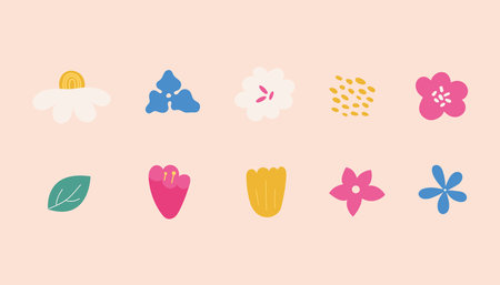 Simple trendy abstract hand drawn doodle style modern flowers, leaf. Contemporary modern botanical elements set.のイラスト素材