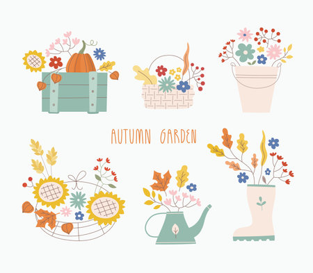 Cute autunb bouquet vector illustrations set. Vegetables, flowers in baskets, boxes.のイラスト素材