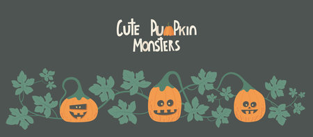 Dark Halloween Horizontal Banner, party invitation, sale poster with foliage, cute pumpkin monsters. Vector illustration.のイラスト素材