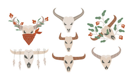 Hand drawn bogemian buffalo Skulls with flower foliage. Flat wild west cows.のイラスト素材