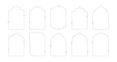 Line minimal aesthetic arch frame shapes with sparcles. Boho contemporary y2k arc, window, door.のイラスト素材