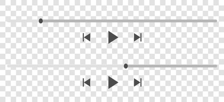 Video, music play bar display interface. Audio player for podcast, radio playlist. Vector icon slider, play, rewind buttons jn transparent background.のイラスト素材
