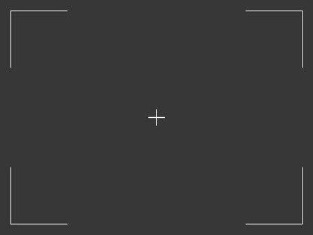 Camera frame viewfinder screen of photo, video recorder digital display with camera frames. Vector cross target illustration on black background.のイラスト素材