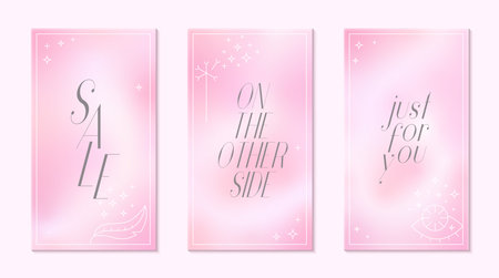 Vintage gradient y2k story, card, banner, templates. Pastel pink color with linear spiritual elements, frames.のイラスト素材
