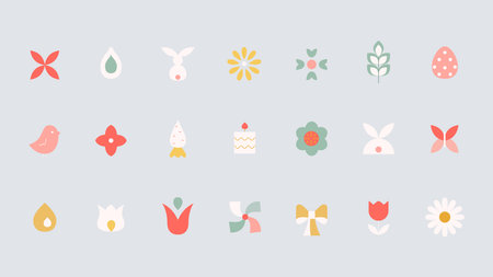 Happy easter elements. Colorfull simple vector icons with abstract bunny, bird, flowers, tulip.のイラスト素材