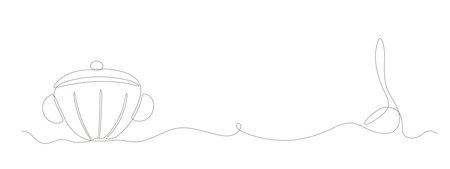 Continuous line hand drawing hot soup pot, ladle banner. Vector poster with simole line.のイラスト素材