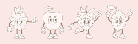 Groovy line beige cartoon fruits. Comic mascot of 60s and 70s funky comic raspberry, lemon, strawberry, apple happy smile face, hands and feet.のイラスト素材