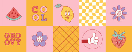 Retro print with hippie groovy characters, elements, backgrounds. Square shape simple y2k poster, card with watermelon, flower, strawberry.のイラスト素材