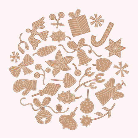 Christmas gingerbread cookies. Winter cute homemade xmas ginger sweets with bell, ball, toy, angel, winter plant.のイラスト素材