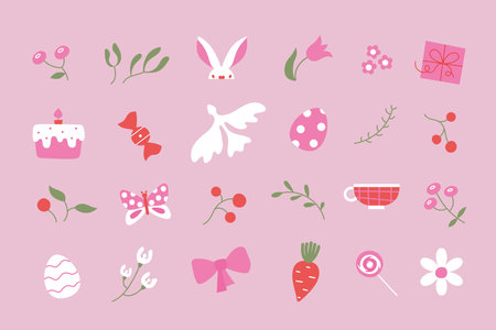 Simple cute pinky Easter elements. Cartoon vector minimallist Easter bread, spring flowers, egg illustrations.のイラスト素材