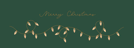 Thin line retro style string festive decorative Merry Christmas sign light garland. Retro minimalist vector bright bulbs border for banner, card.のイラスト素材