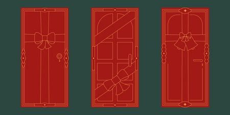 Elegant line red Christmas front festive door for card, package, poster decoration. Winter vector doorway with holiday bow, bell.のイラスト素材