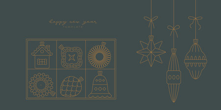 Cute luxury retro Happy new year banner with hanging Christmas tree toys, box with baubles. Holiday vector banner with elegant geometric illustrations, lettering for card, invitation template.のイラスト素材