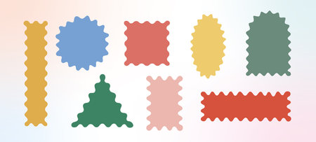 Bright wavy, zigzag edges geometric figures. Doodle y2k squiggle abstract frames. Groovy vector frameworks, rectangle, oval.のイラスト素材