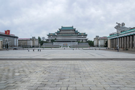 Great People's Study House with of portraits of two presidents DPRK, Kim Il Sung Square, capital of...