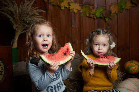 Funny kids eating watermelon. Child, Healthy Eating happyの写真素材
