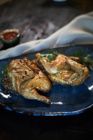 Grilled chicken Tabaka with sauce on stone plate.の写真素材