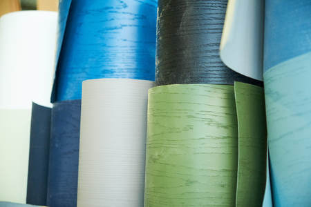 warehouse with veneer rolls, production of interior doorsの写真素材