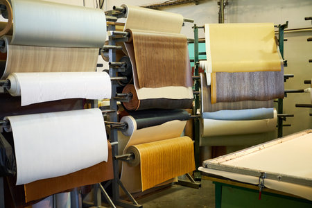 warehouse with veneer rolls, production of interior doors