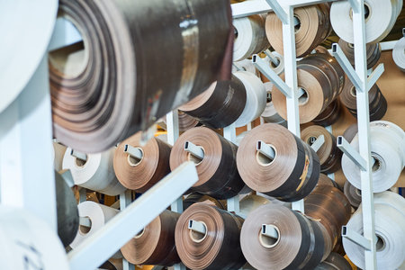 warehouse with veneer rolls, production of interior doorsの写真素材