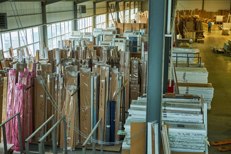 warehouse of finished and packed doors, production of interior and metal doors