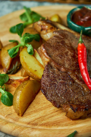 Bone loin with potatoes and basil, red sauceの写真素材