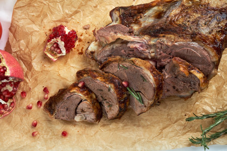 Slice of baked red meat. Beautiful serving dishesの写真素材