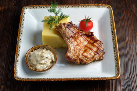 Steak on the bone with red sauce. restaurant menuの写真素材