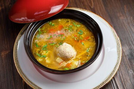 Soup with meatballs . catering menuの写真素材