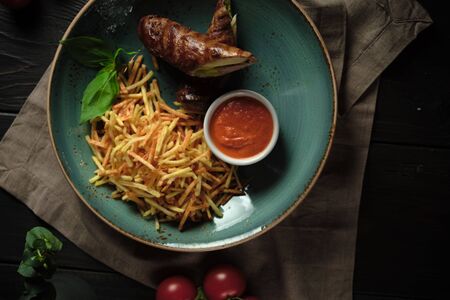 Meatloaf with potatoes straws . catering menuの写真素材