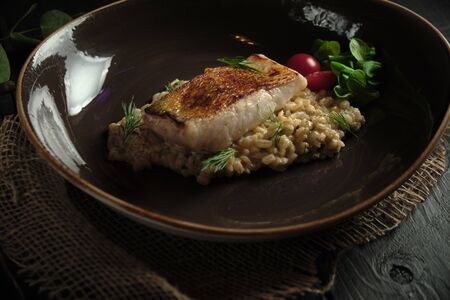 Meat steak with pearl barley . catering menuの写真素材